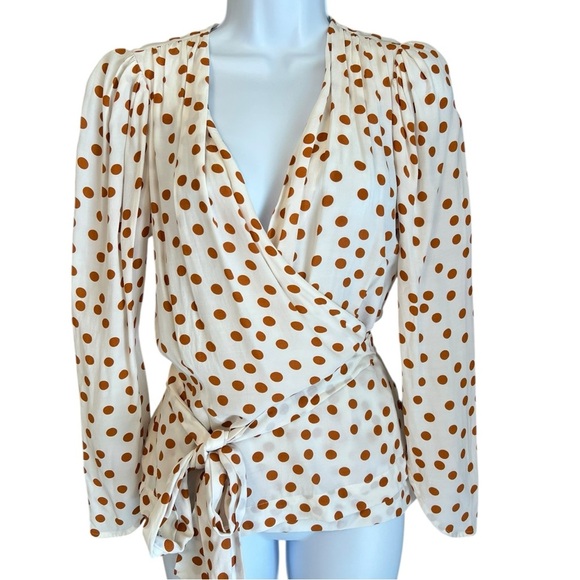 Maje Long Sleeve Wrap Front Blouse Cream Rust Orange Polka Dot Small French - Picture 1 of 9